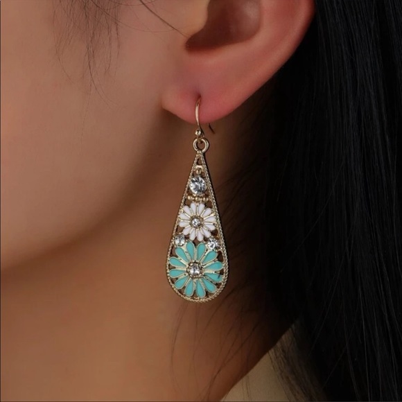 Gold Teal Flower Drop Hoop Earrings - Picture 3 of 3